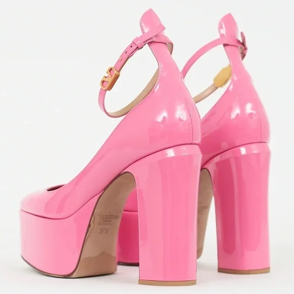 Valentino Tan-Go VLogo Pink Patent Leather Platform Block Heel Pumps - Picture 4 of 8